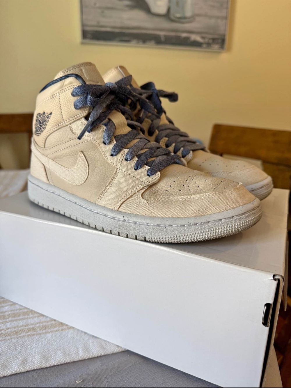 Nike Air Jordan 1 Mid Women’s Sneakers in Beige with Navy Laces